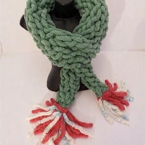 Chunky Green and Red Knit Scarf